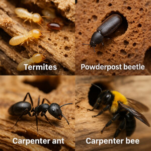 termites, powderpost beetles, carpenter ants, and carpenter bees 