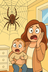mom and baby afraid of spider